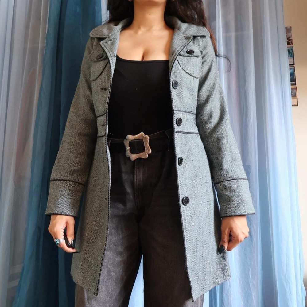 2000s Seduction Grey Herringbone Trench Coat